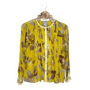 Johnny Was Top Taly Evette Silk Blouse Yellow Safari High Neck Ruffle Small